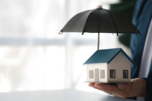 Individuals holding small umbrellas and model homes, housing ins